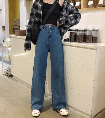 2022年秋季高腰牛仔裤女式大码宽松阔腿长裤，适合丰满女孩，修身垂坠拖把直筒裤